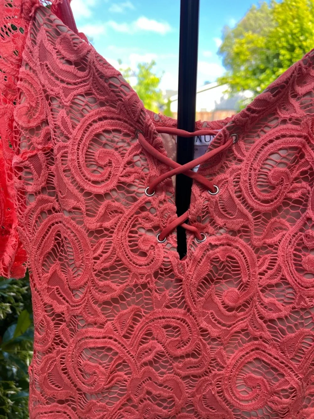 Coral Lace Bodycon Dress Square/V-line Deep Neck Puff Sleeve Romantic Size S - Picture 4 of 9